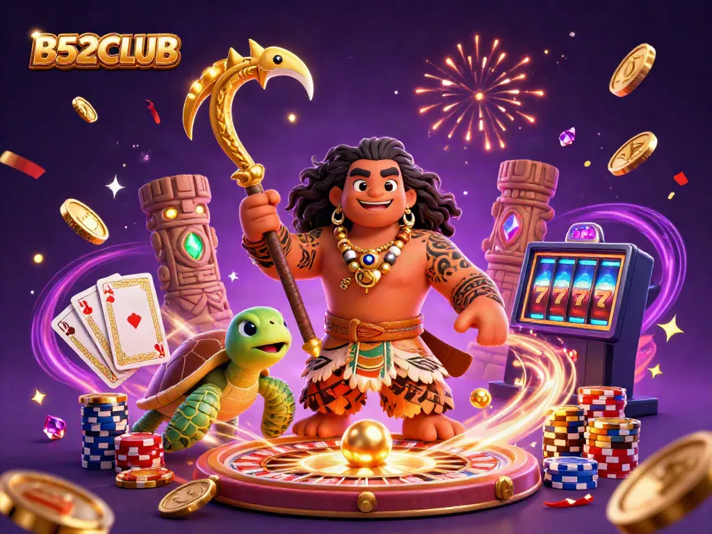 B52CLUB presents an exciting gambling scene with a demigod and a turtle amidst vibrant casino elements and dynamic visuals.