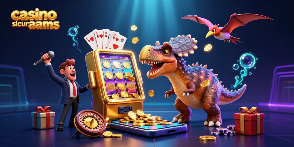 Casino sicuri non aams showcasing a dinosaur winning jackpot from a golden slot machine.