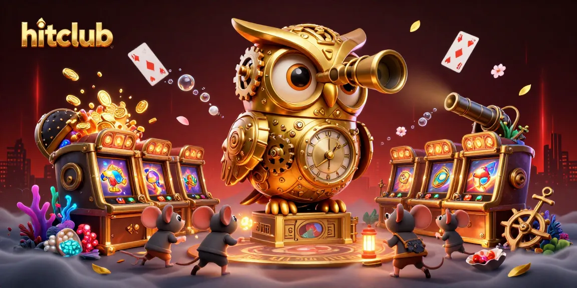 Spin and win at hitclub with a golden owl overseeing a vibrant casino scene filled with games and treasures.