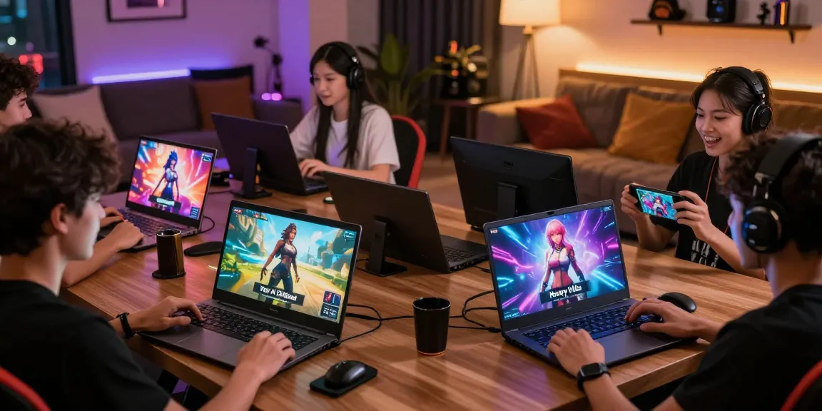 Excited players engaging with popular adult games on multiple devices in a cozy gaming lounge.