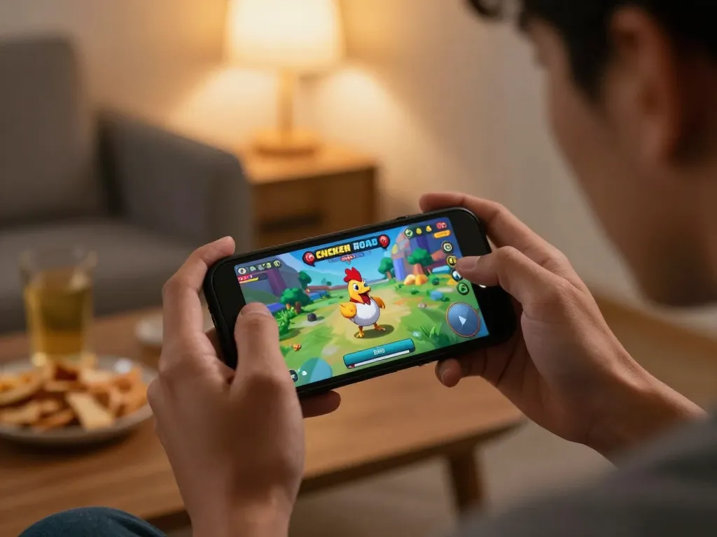 Giocatore che si diverte con il gameplay mobile di chicken road recensioni in un accogliente soggiorno con snack