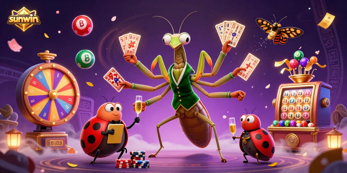 Join the excitement at sunwin as the giant mantis dealer shuffles cards amid golden tickets and vibrant lottery balls.