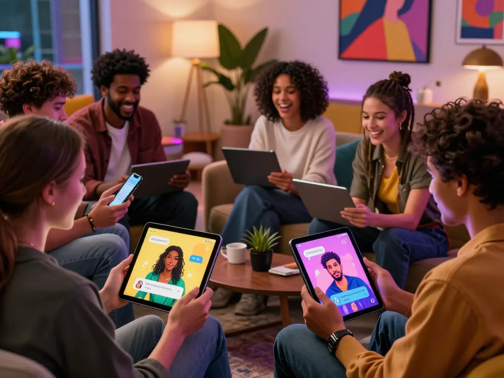 Engaging scene of users interacting with CrushonAI chat characters on devices in a vibrant lounge.