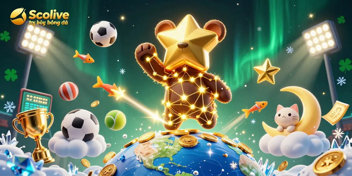 Socolive trực tiếp bóng đá showcases a vibrant 3D scene of gambling excitement with constellation bear and sports elements.