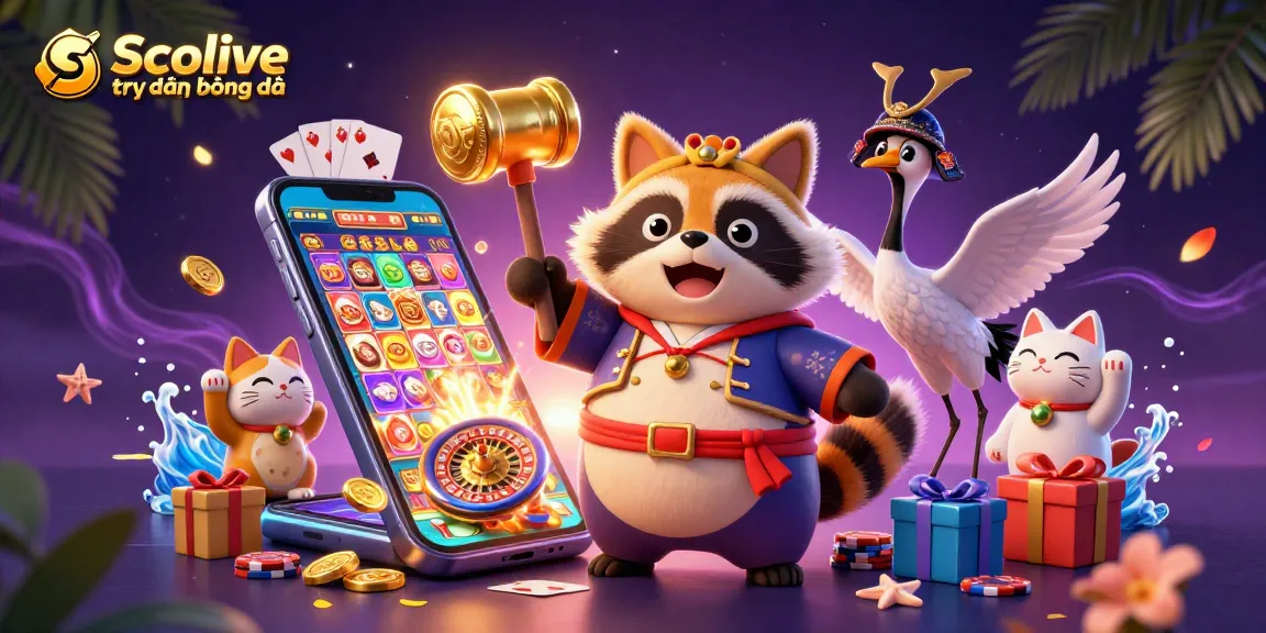 Socolive trực tiếp bóng đá showcases lively characters with gaming elements, celebrating the excitement of live sports betting.