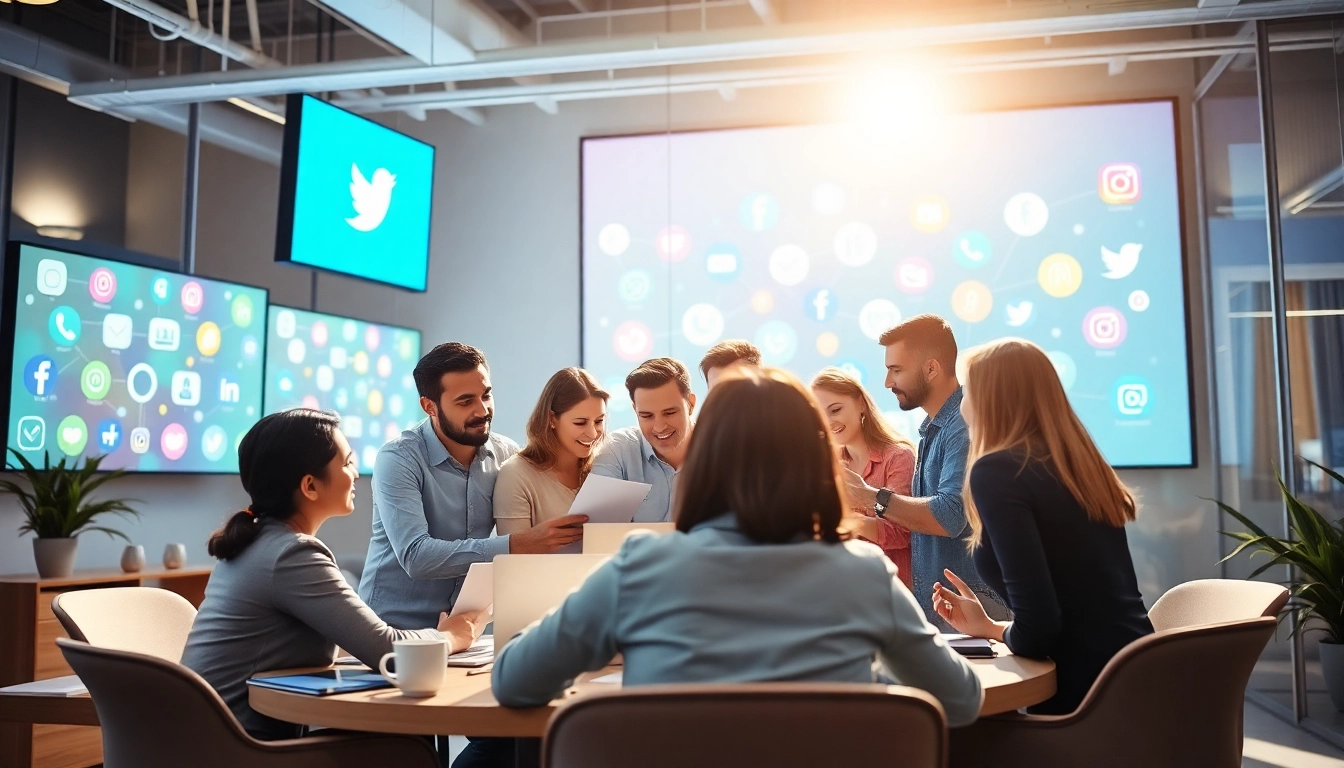 Teamwork in Social Media Marketing with engaging brainstorming for effective strategies.