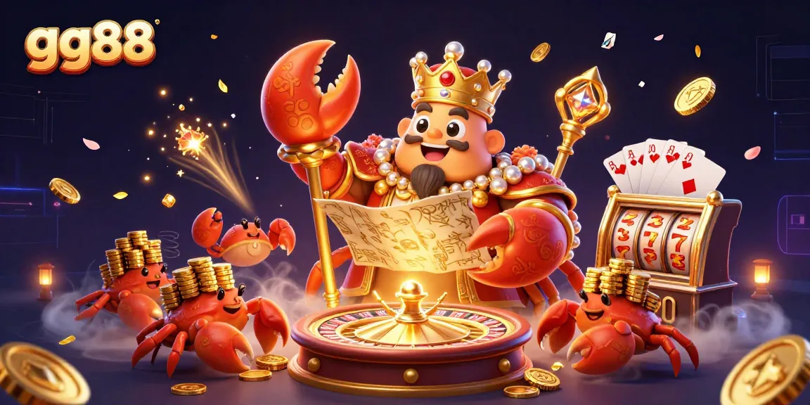 gg88's vibrant gaming scene with a golden crab emperor illustrates exciting casino gameplay.