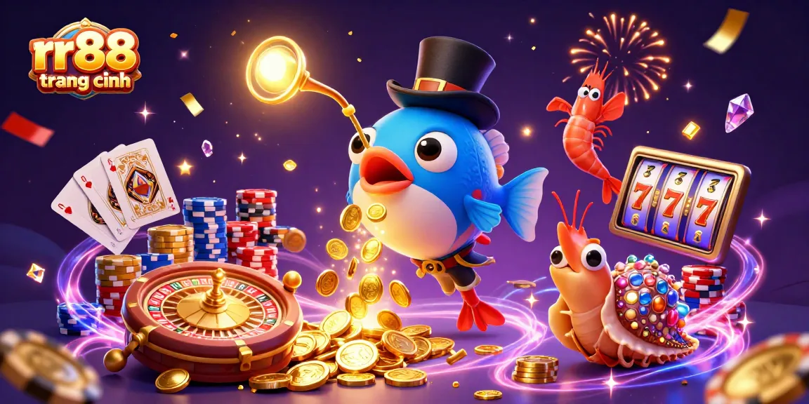 Experience wins with rr88 trang chính featuring gold coins, vibrant characters, and exciting casino elements.