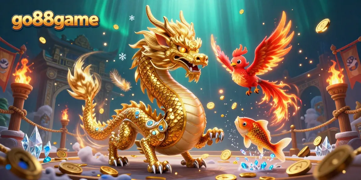 Play at go88game as a fierce dragon, phoenix, and koi fish celebrate with coins.