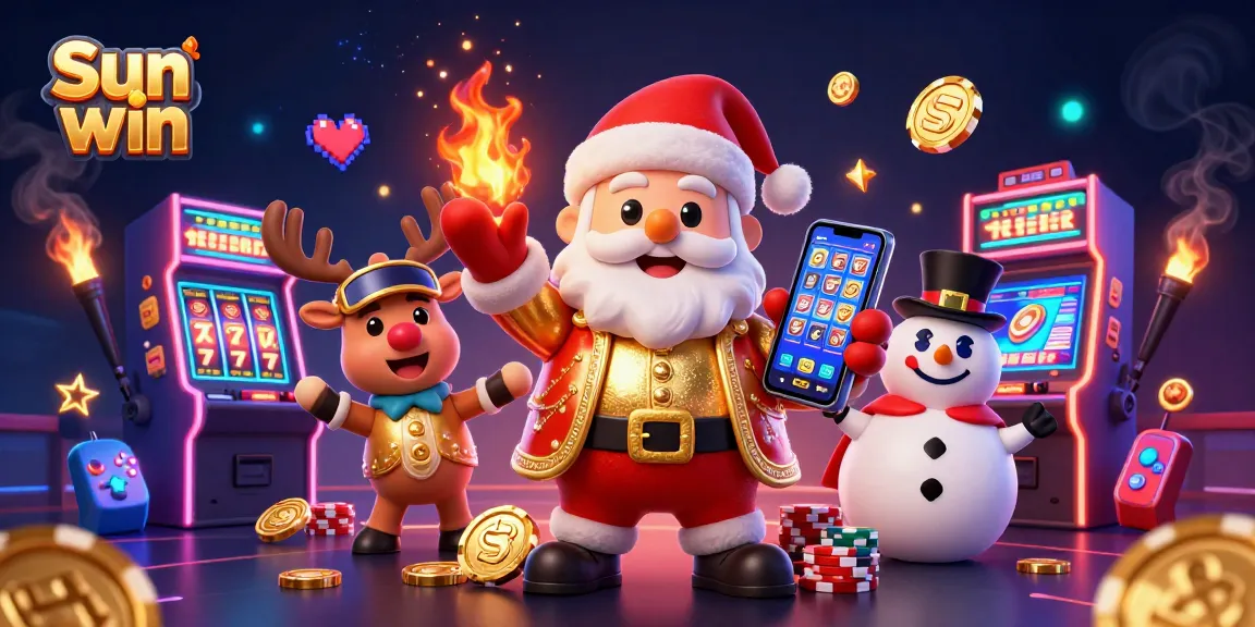 Experience the excitement of Sun win with a festive casino scene featuring Santa, a reindeer dealer, and a snowman.